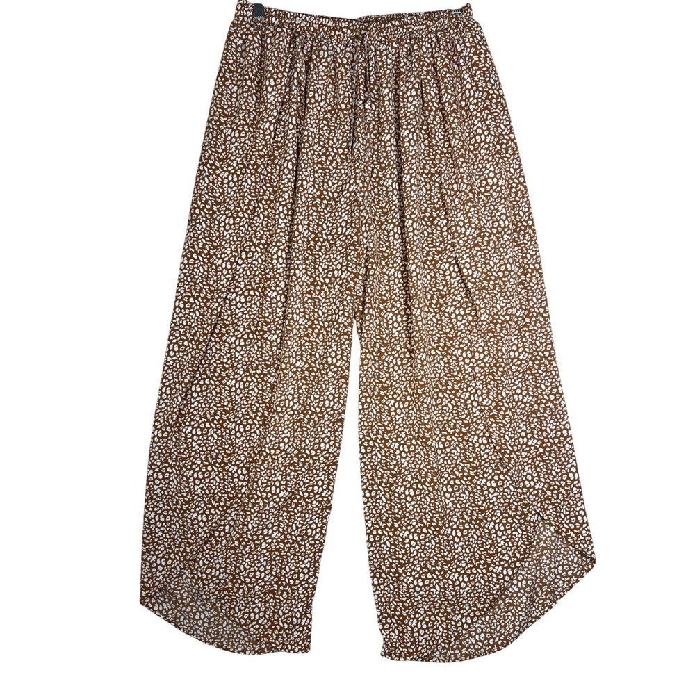 Womens 2XL Brown‎ White Animal Print Wide Leg Palazzo Pants Boho Flowy Shorts